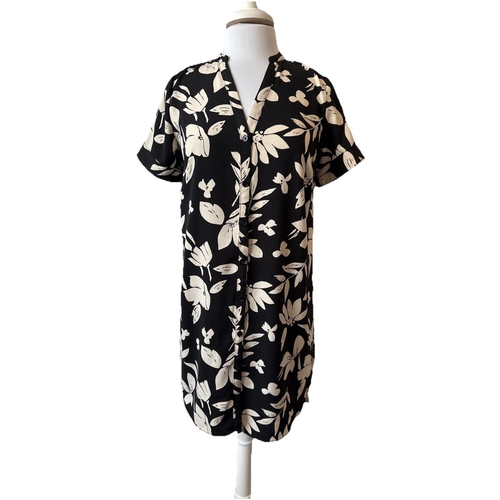 A New Day Black Cream Floral Button Up Shirt Dress Women's XS Boho Chic Resort